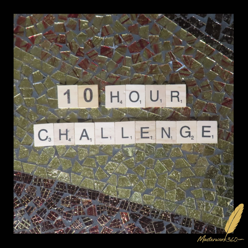 10 Hour Challenge, spelled in wooden letter tiles on a gold, black and red glass mosaic