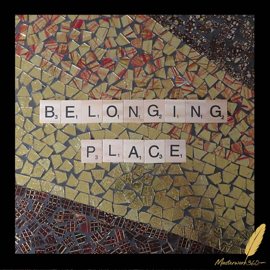 Belonging Place, spelled in wooden letter tiles on a gold, black and red glass mosaic