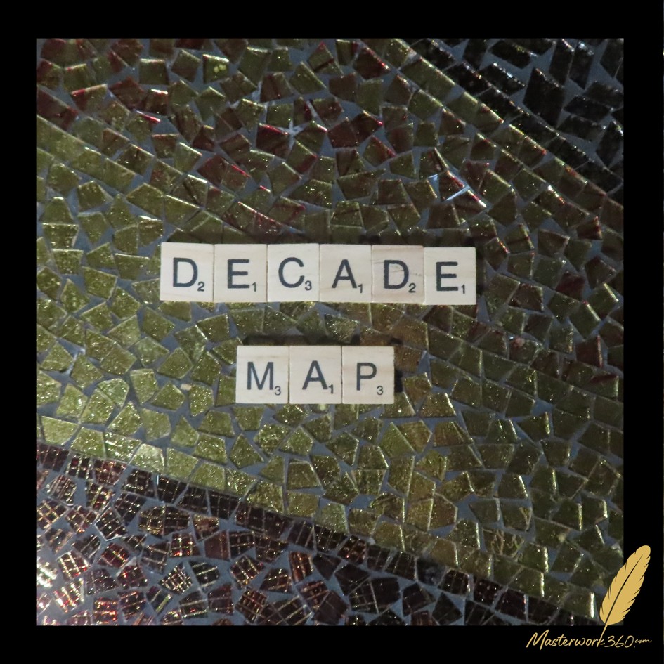 Decade Map, spelled in wooden letter tiles on a gold and black glass mosaic