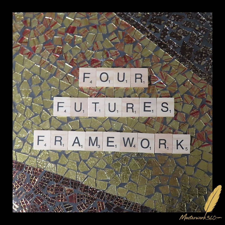 Four Futures, spelled in wooden letter tiles on a gold, black and red glass mosaic