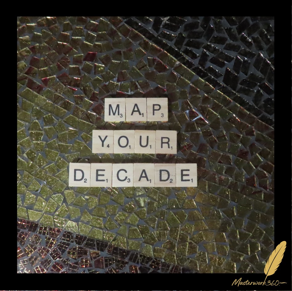 Map Your Decade, spelled in wooden letter tiles on a gold and black glass mosaic
