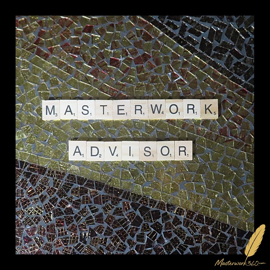Masterwork Advisor, spelled in wooden letter tiles on a gold and black glass mosaic