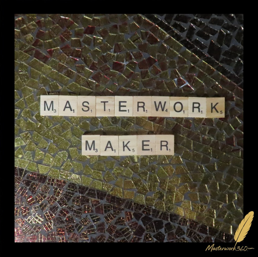 Masterwork Maker, spelled in wooden letter tiles on a gold and black glass mosaic