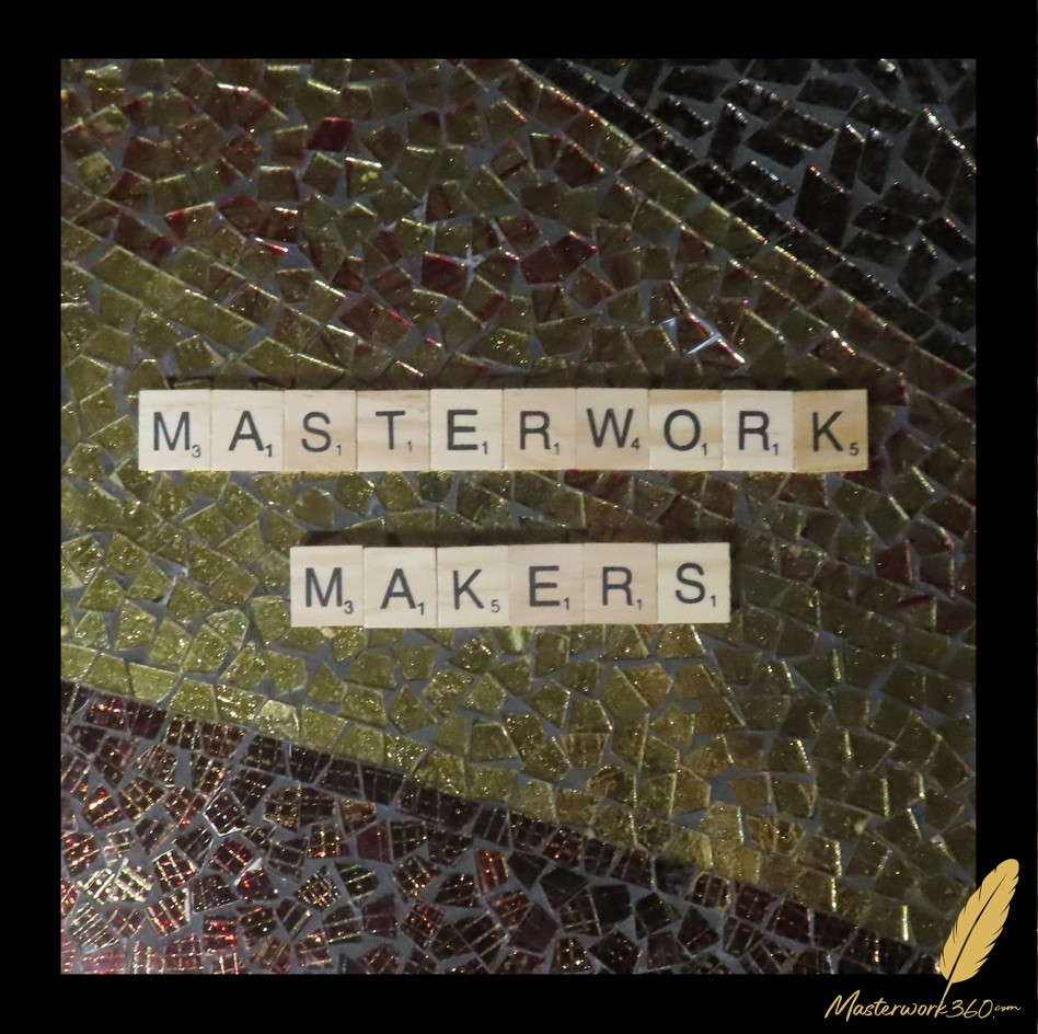 Masterwork Makers, spelled in wooden letter tiles on a gold and black glass mosaic