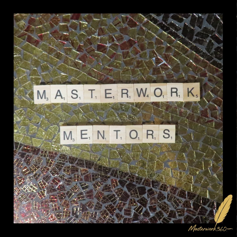 Masterwork Mentors, spelled in wooden letter tiles on a gold and black glass mosaic