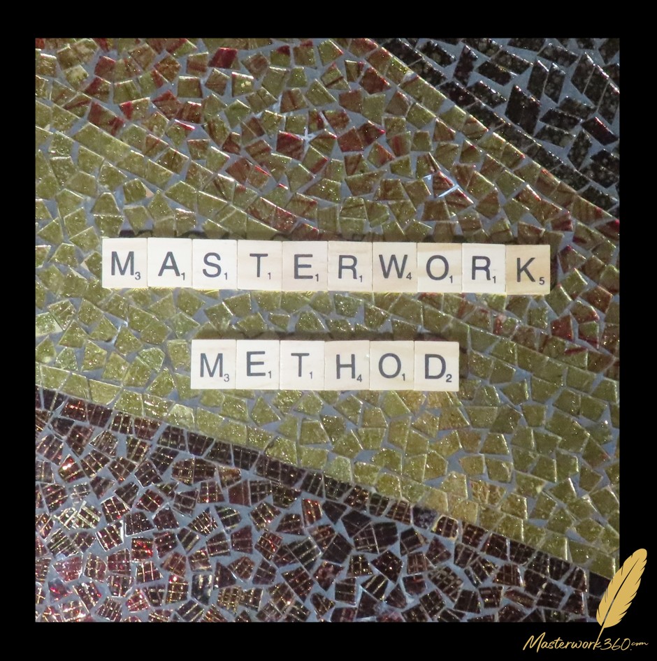 Masterwork Method, spelled in wooden letter tiles on a gold and black glass mosaic