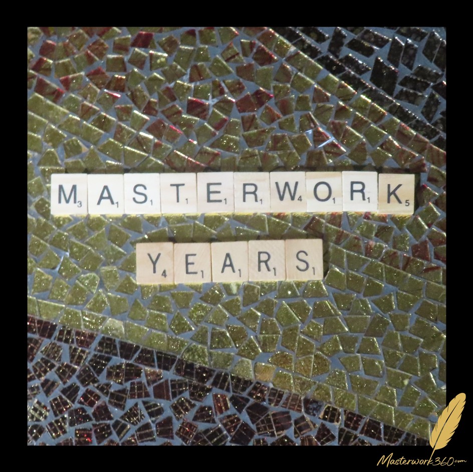 Masterwork Years, spelled in wooden letter tiles on a gold and black glass mosaic