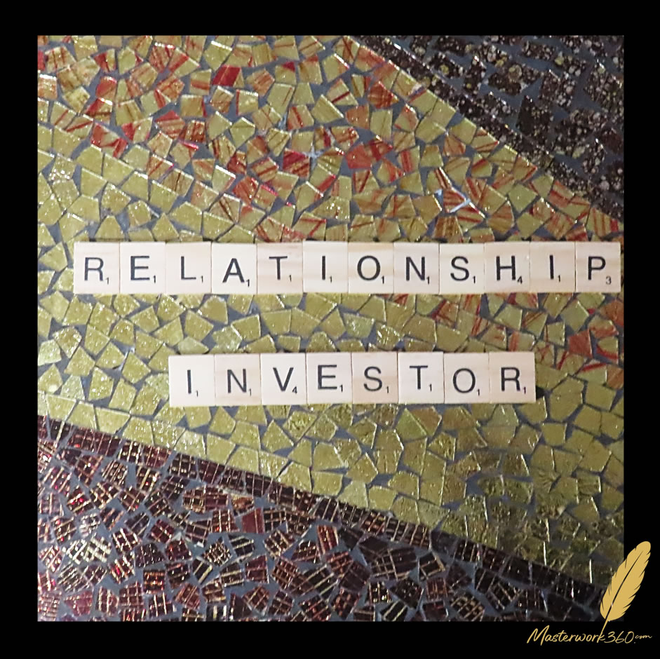 Relationship Investor, spelled in wooden letter tiles on a gold, black and red glass mosaic